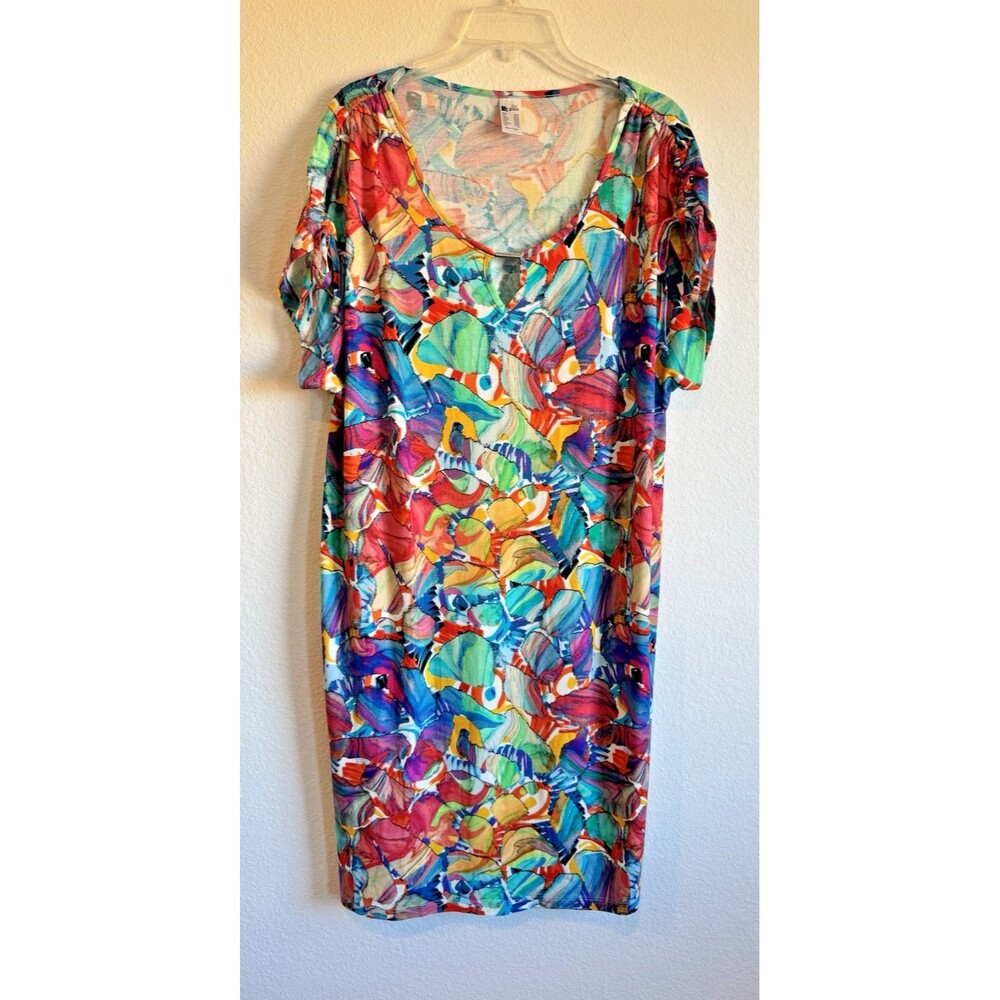 Feel Good Women's Colorful Abstract Shift Dress Keyhole Neck Short Sleeve XL